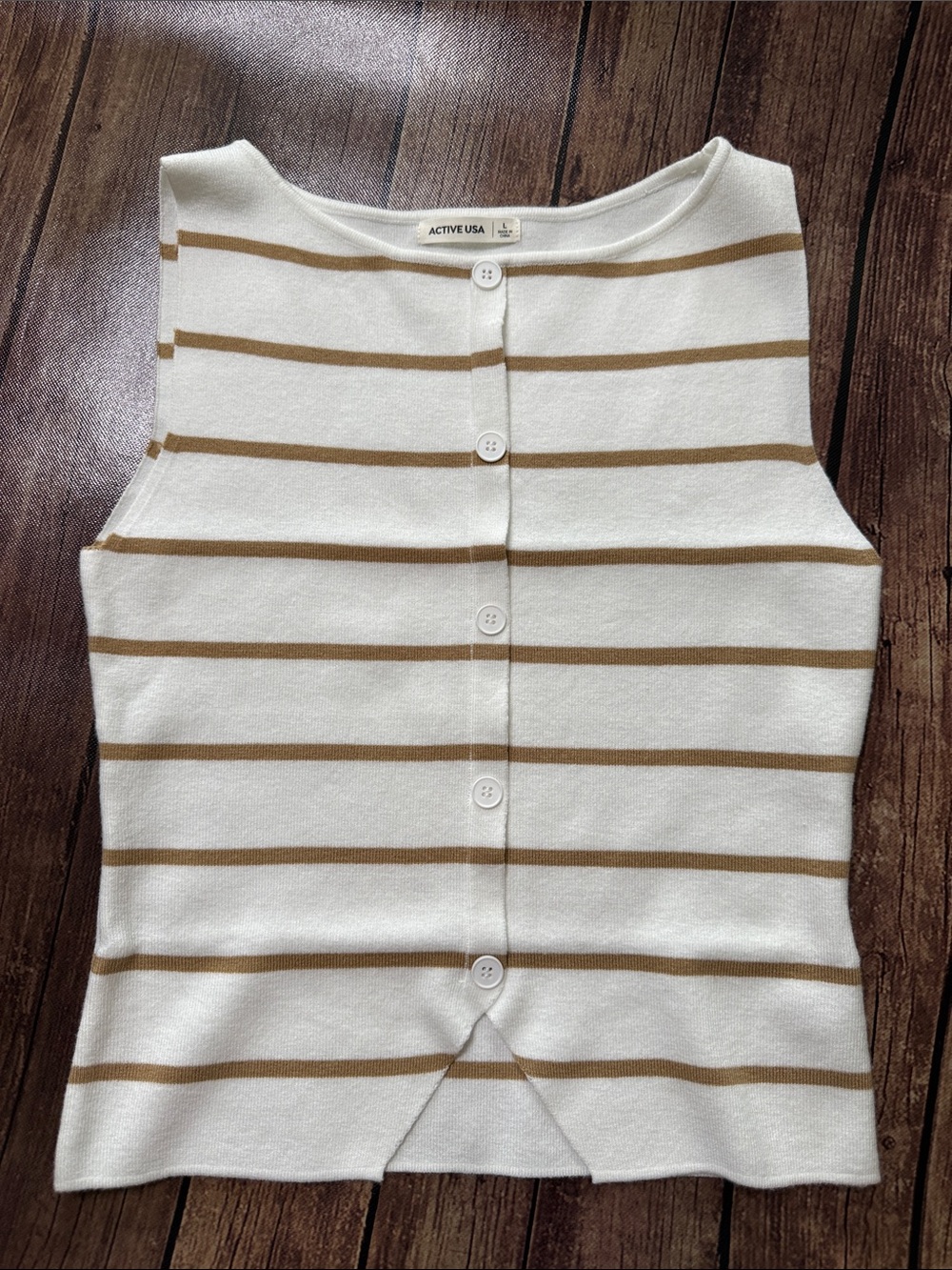 Active USA Cream and Tan Striped Button Sleeveless Top